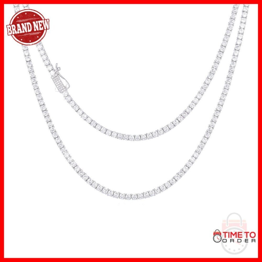18K White Gold Plated Tennis Necklace, 3mm Chain with Cubic Zirconia Stones
